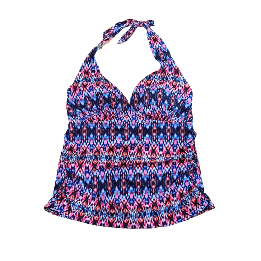 Swimsuits for All Navy Blue Pink Aztec Tribal Print Halter Neck Tankini Top sz18